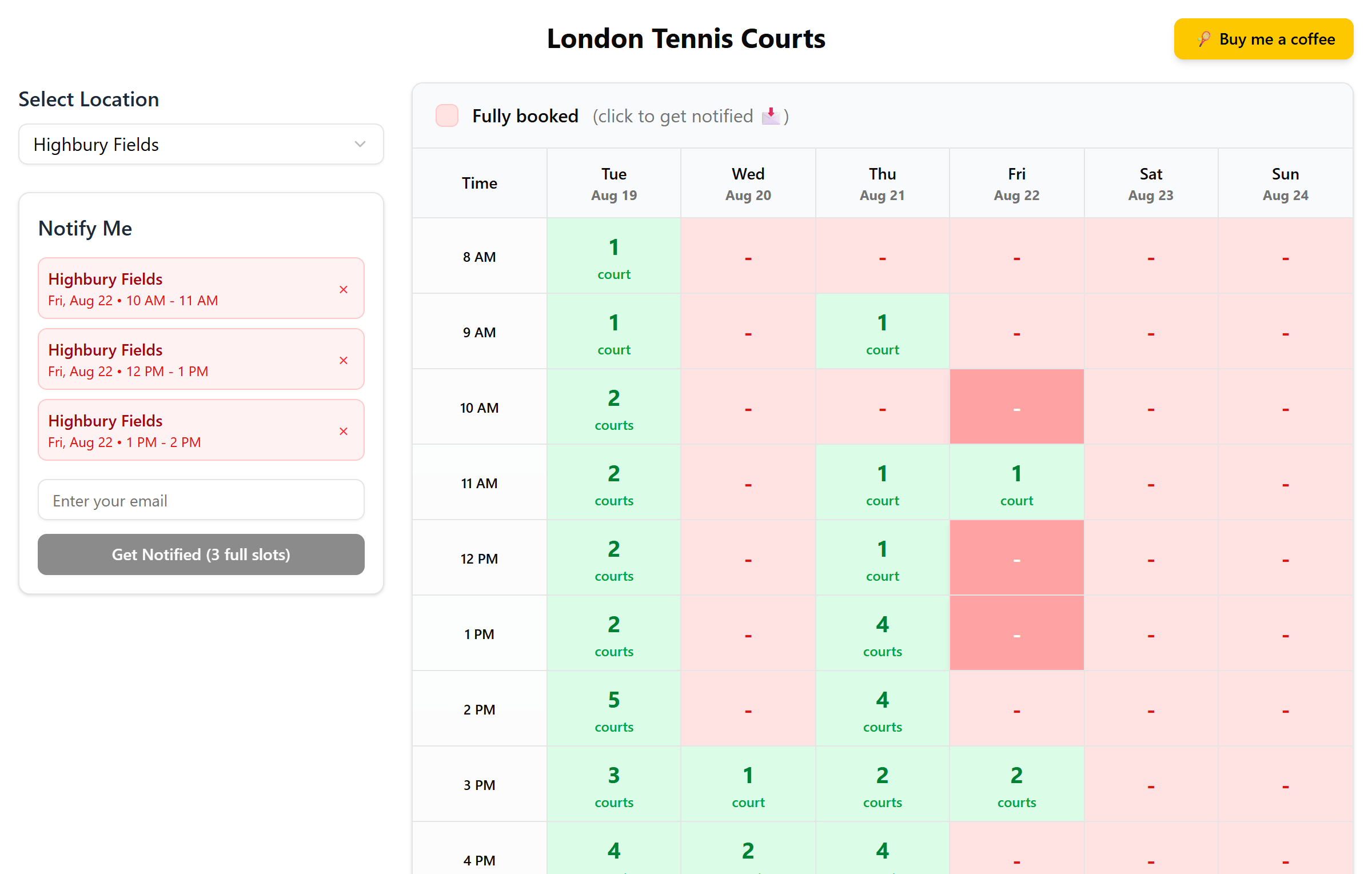 Screenshot of the London Tennis Courts website